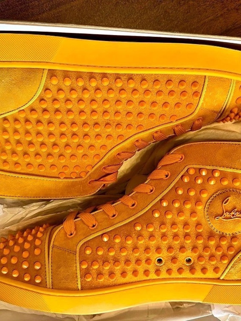 Christian Louboutin Lou Spikes Orlato Flat Veau Velours High-Top Sneakers Orange